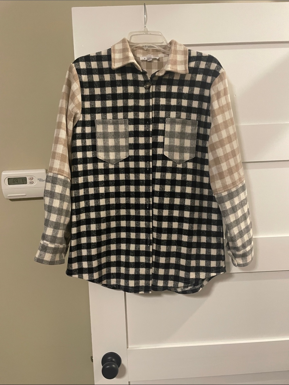 THML Multi-Check Button-Front Shirt Jacket in Black, White & Beige